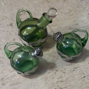 Farber Bros. Forest Green Glass &Chrome Oil/Vinegar Cruet Set 3ps